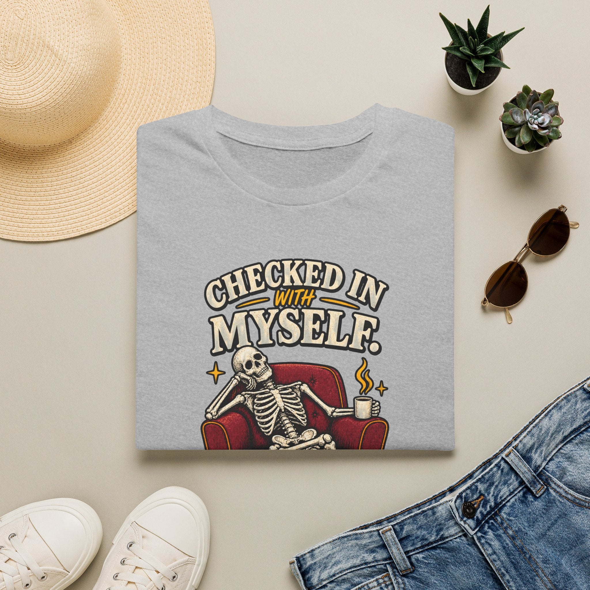 Funny Skeleton Shirt, Checked In With Myself Tee, Tired Sarcastic Graphic T-Shirt, Mental Health Humor Gift, Coffee Lover Shirt