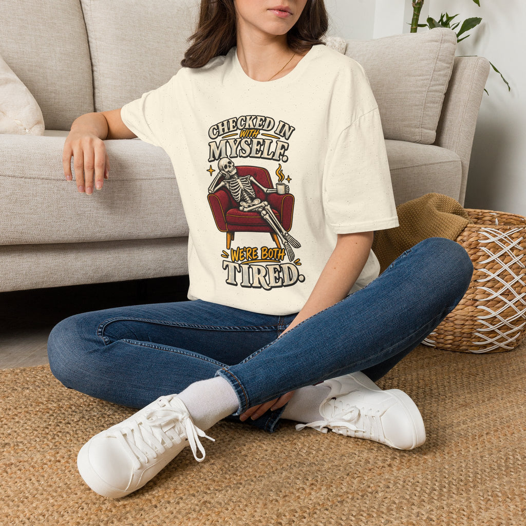 Funny Skeleton Shirt, Checked In With Myself Tee, Tired Sarcastic Graphic T-Shirt, Mental Health Humor Gift, Coffee Lover Shirt