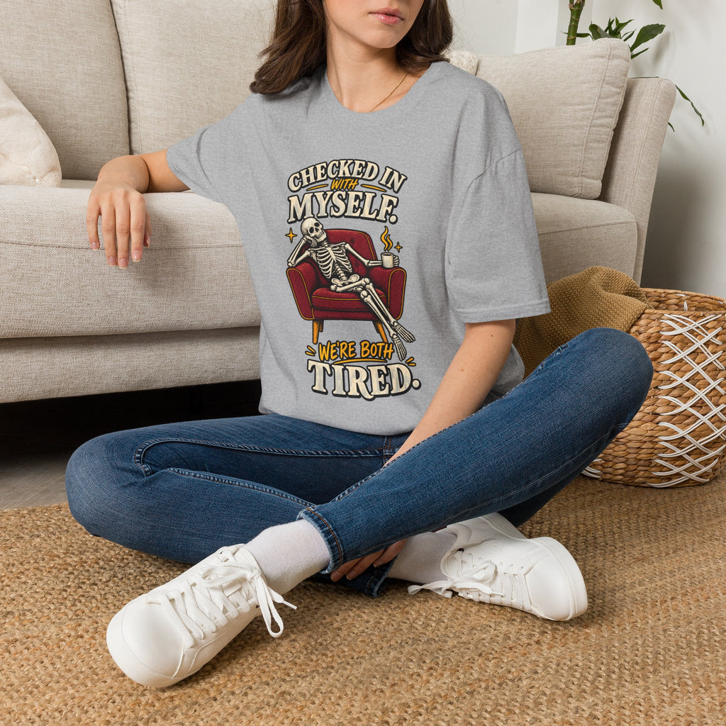 Funny Skeleton Shirt, Checked In With Myself Tee, Tired Sarcastic Graphic T-Shirt, Mental Health Humor Gift, Coffee Lover Shirt