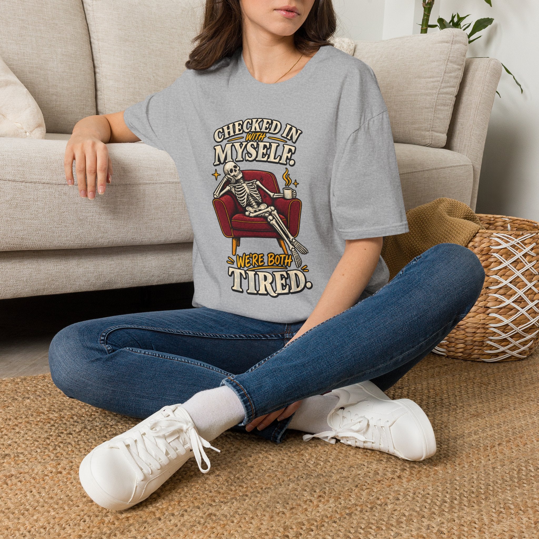 Funny Skeleton Shirt, Checked In With Myself Tee, Tired Sarcastic Graphic T-Shirt, Mental Health Humor Gift, Coffee Lover Shirt