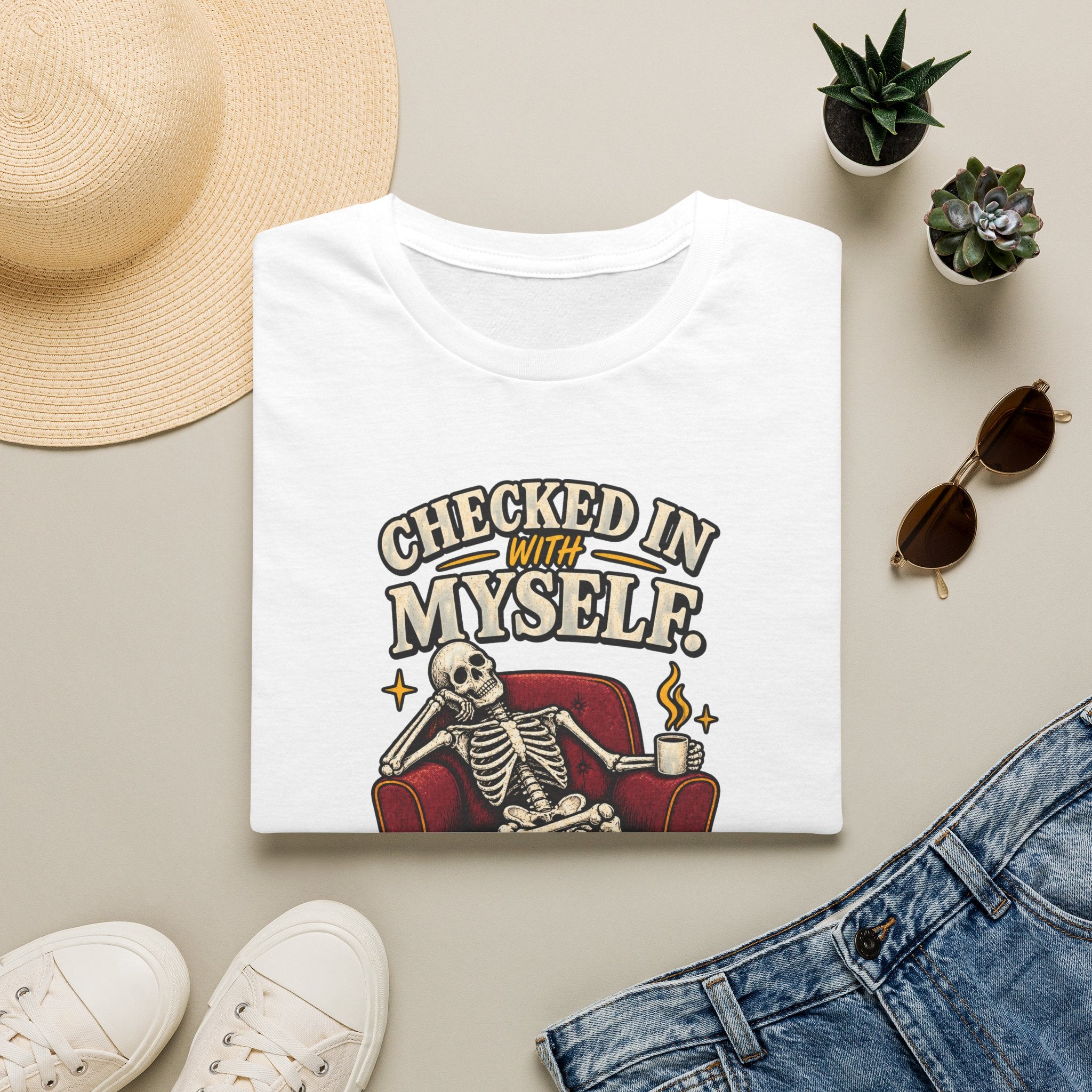 Funny Skeleton Shirt, Checked In With Myself Tee, Tired Sarcastic Graphic T-Shirt, Mental Health Humor Gift, Coffee Lover Shirt