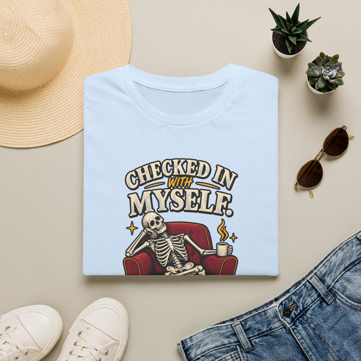 Funny Skeleton Shirt, Checked In With Myself Tee, Tired Sarcastic Graphic T-Shirt, Mental Health Humor Gift, Coffee Lover Shirt