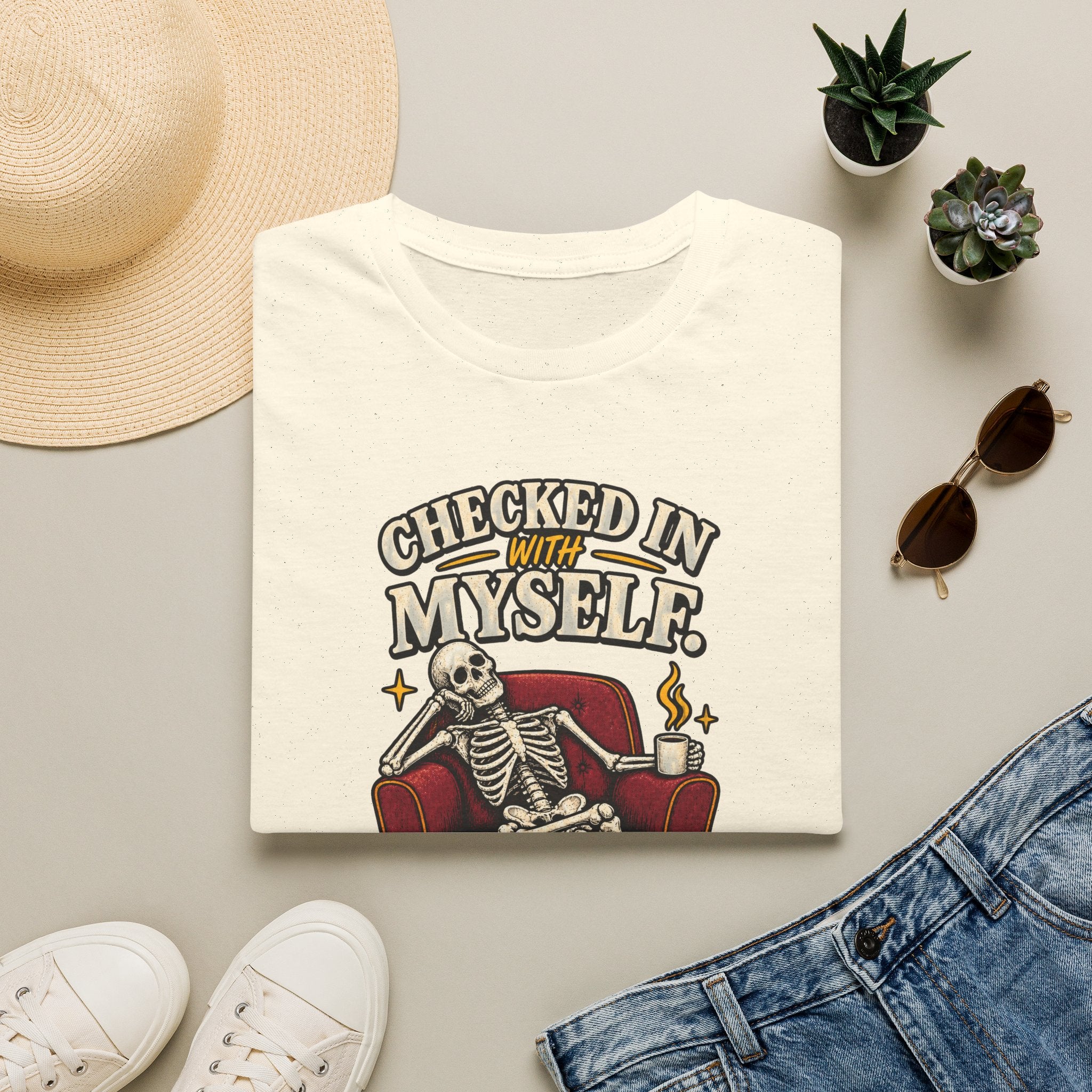 Funny Skeleton Shirt, Checked In With Myself Tee, Tired Sarcastic Graphic T-Shirt, Mental Health Humor Gift, Coffee Lover Shirt