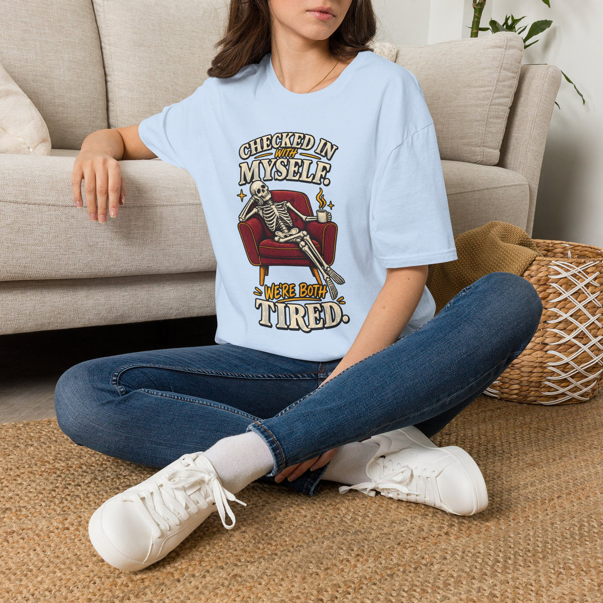 Funny Skeleton Shirt, Checked In With Myself Tee, Tired Sarcastic Graphic T-Shirt, Mental Health Humor Gift, Coffee Lover Shirt