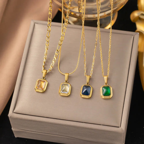 18K gold-plated square rhinestone pendant necklace